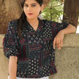 CLEMIRA Ethnic Motifs Printed Puff Sleeves Shirt Style Top-picture-29