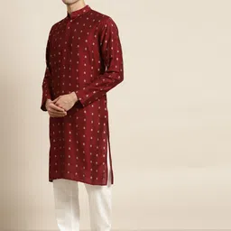 SOJANYA Men Maroon & Silver Ethnic Motifs Woven Design Jacquard Kurta image 2