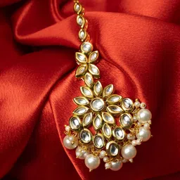 PANASH Gold-Plated Kundan Studded & Pearls Beaded Maang Tikka image 4