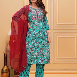 Aktasa Floral Printed Thread Work Straight Pure Cotton Kurta with Trousers And Dupatta image 5