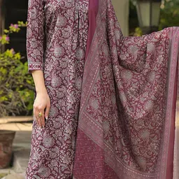 KALINI Floral Printed Pleated Kurta with Trouser & Dupatta image 4