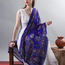 Exotic India Indigo Hand-Embroidered Florals and Mirrors Pure Cotton Dupatta image 4