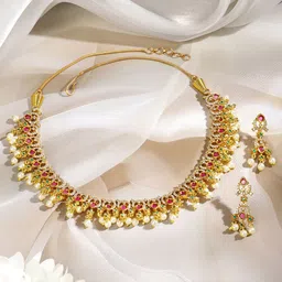 Rubans 22K Gold-Plated Ruby Red & Emerald Green Stone Studded Pearl Beaded Necklace Set image 2