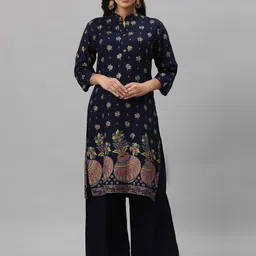 Get Glamr Women Navy Blue Floral Printed Kurta with Palazzos-picture-10