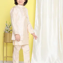 Aj DEZInES Boys Beige Pure Silk Kurta with Pyjama with Jacket image 3