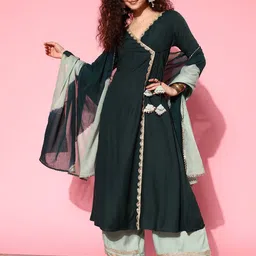 Yufta Angrakha Thread Work Kurta with Palazzos & With Dupatta image 2