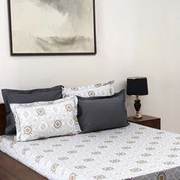 BOMBAY DYEING Rigel Living Grey Floral Cotton 400 TC King Bedsheet Set 2.74 x 2.74 m-picture-27