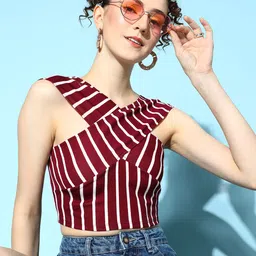 Veni Vidi Vici Maroon & White Striped Off-Shoulder Bardot Crop Top-image-46