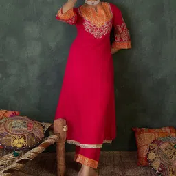 Indo Era Embroidered Round Neck Top With Trousers Co-Ords image 3