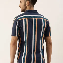 Campus Sutra Men Navy Blue & Peach-Coloured Cotton Striped Casual Shirt image 4