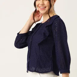 DressBerry Embroidered Schiffli Puff Sleeves Ruffles Cotton Pure Cotton Shirt Style Top image 4