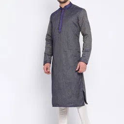 here&now x sanwara Sanwara Men Blue & White Self Design Kurta with Churidar image 4