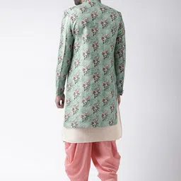 KISAH Men Sea Green & Peach Printed Bhagalpuri Silk Sherwani With Dhoti image 4