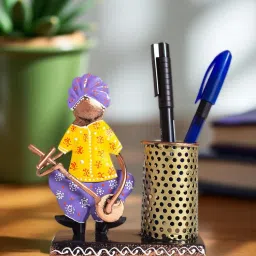 Golden Peacock Yellow Purple Musician Handcrafted Pen Stand and Visting Card Holder-image-17