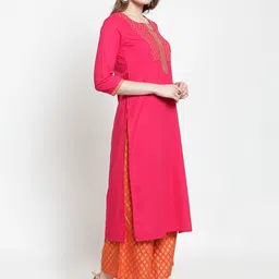 Varanga Women Fuchsia & Orange Yoke Design Straight Pure Cotton Kurta with Palazzos image 4