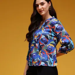 HERE&NOW Print Mandarin Collar Puff Sleeve Top image 3