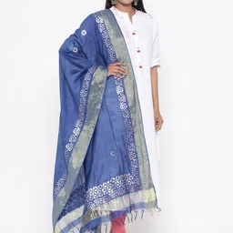 SOUNDARYA Blue & Silver-Toned Embroidered Dupatta image 2