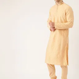 Manyavar Men Beige & Golden Zari Embroidered Kurta with Churidar image 4