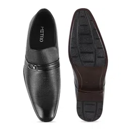 Metro Men Black Textured Leather Formal Slip Ons image 2