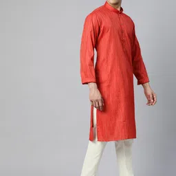 MANQ Men Red Striped Pure Cotton Kurta with Pyjamas image 5