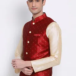 here&now x sanwara Sanwara Men Maroon Woven Design Nehru Jacket image 4