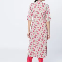 Vishudh Women Grey & Pink Floral Printed Cotton Straight Kurta image 4