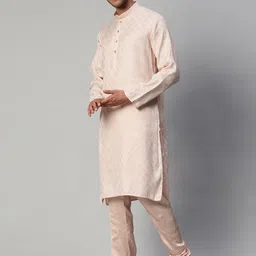 MANQ Men Pink Ethnic Motifs Chanderi Cotton Kurta with Pyjamas image 2