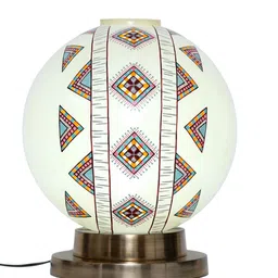 POSH-N-PLUSH Off-White Printed Glass Lamp With Brass Antique Finish Metal Base image 2