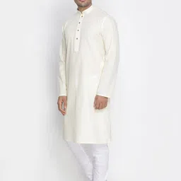 VASTRAMAY Men Cream-Coloured Solid Kurta with Churidar image 5