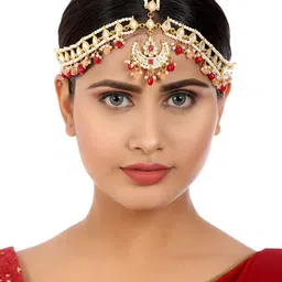 KARATCART Gold-Plated Red & White Ruby & Kundan-Studded & Pearl Beaded Matha Patti-image-32