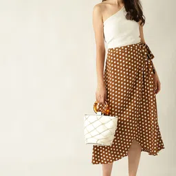 MANGO Women Brown & White Polka Dot Print Wrap Skirt image 2