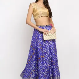 SOUNDARYA Women Blue & Golden Printed & Zari Design Flared Maxi Skirt image 4