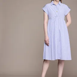 French Connection Striped Shirt Collar Extended Sleeves A-Line Dress image 4