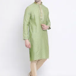 here&now x sanwara Sanwara Men Green & Gold-Toned Self Design Kurta with Churidar image 3