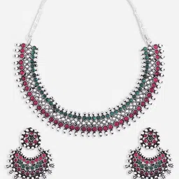 Fida Women Red Silver-Plated Oxidised Jewellery Set image 5