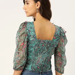 Antheaa Teal Green & Pink Printed Flared Sleeve Chiffon Regular Top image 5