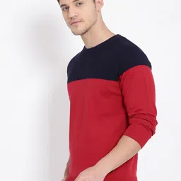 t-base Men Red & Navy Blue Colourblocked Pullover Sweater image 2