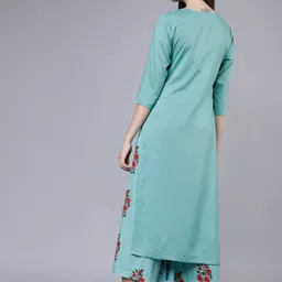 Vishudh Women Turquoise Blue Floral Embroidered Regular Thread Work Kurta with Palazzos image 5