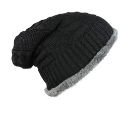 iSWEVEN Unisex Black Self-Design Woven Expandable Beanie image 2