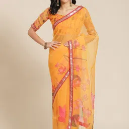 Kalista Mustard & Pink Floral Sequinned Organza Saree image 1