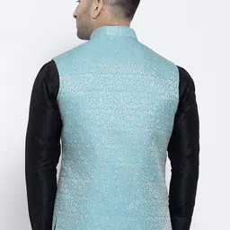 Badoliya & Sons Men Turquoise Blue & Off-White Woven Design Nehru Jacket image 5