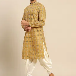 KISAH Men Mustard Yellow Embroidered Kurta with Dhoti Pants Set image 2