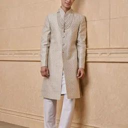 Tasva Woven Design Mandarin Collar Sherwani Set image 5