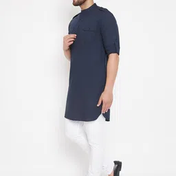Hypernation Men Navy Blue Woven Design Pathani Kurta image 3
