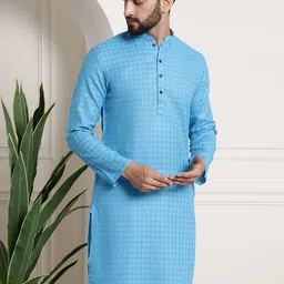 SOJANYA Men Cotton Linen Self-Checked Kurta image 2