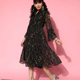 RAJGRANTH Black & Green Floral Georgette A-Line Midi Dress image 4