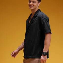 HERE&NOW Cuban Collar Striped & Textured Relaxed Shirt image 4