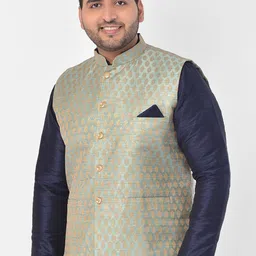 DEYANN PLUS Men Blue & Gold-Coloured Woven Design Jacquard Silk Nehru Jacket image 4