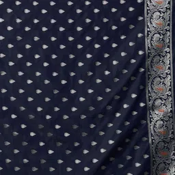 Mitera Navy Blue & Silver-Toned Silk Blend Woven Design Kanjeevaram Saree image 3