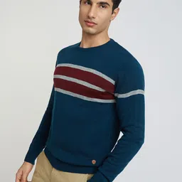 Raymond Men Teal Blue Striped Pullover image 4